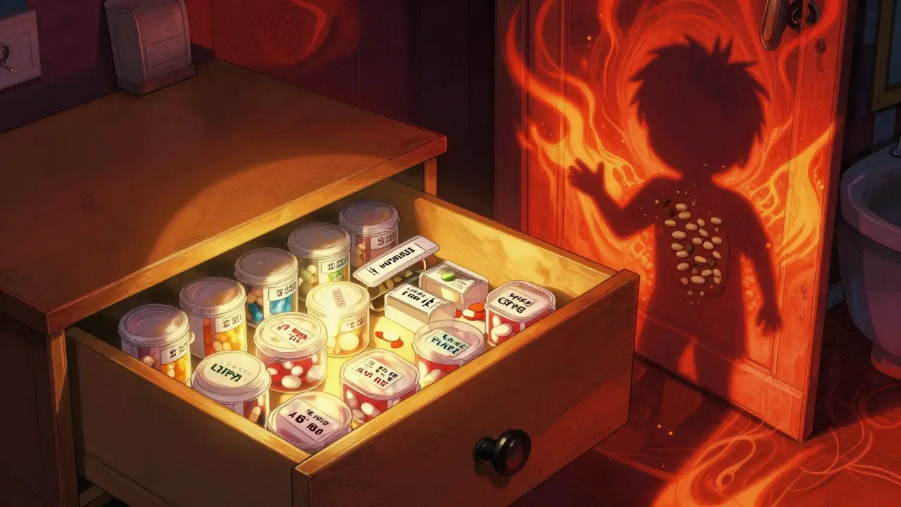 Bedroom drawer with safe meds glowing softly, while a chaotic bathroom looms behind with heat waves and a child reaching for pills.