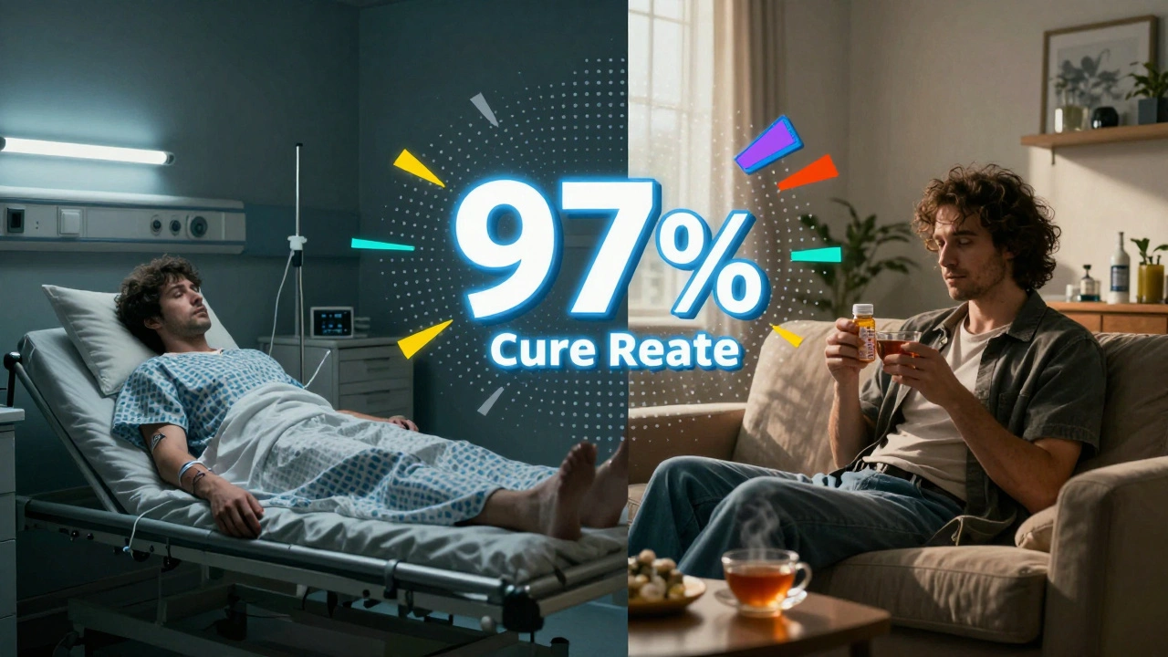 Contrasting 1980s injection treatment with modern pill cure in psychedelic split-panel style.