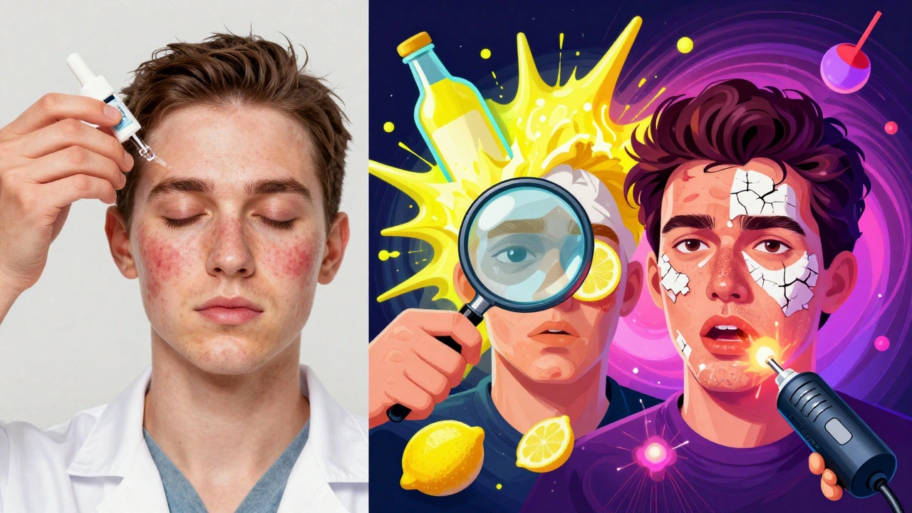 Contrasting effective skincare vs. dangerous DIY remedies with glowing and chaotic visuals.