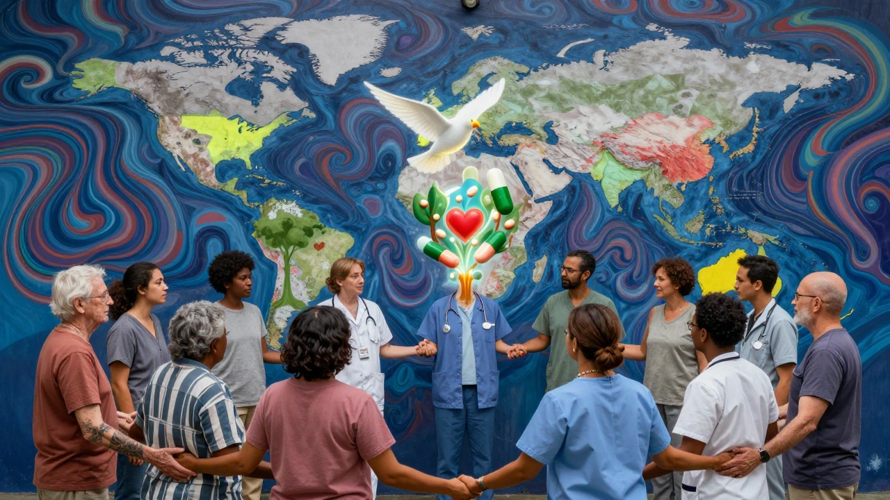 Diverse group holding hands as pills rise as doves, forming healing symbols over a world map.
