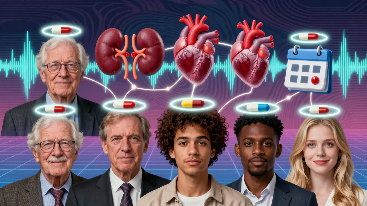 Diverse people with personalized combo pills floating above them, connected to organ icons in retro op-art style.
