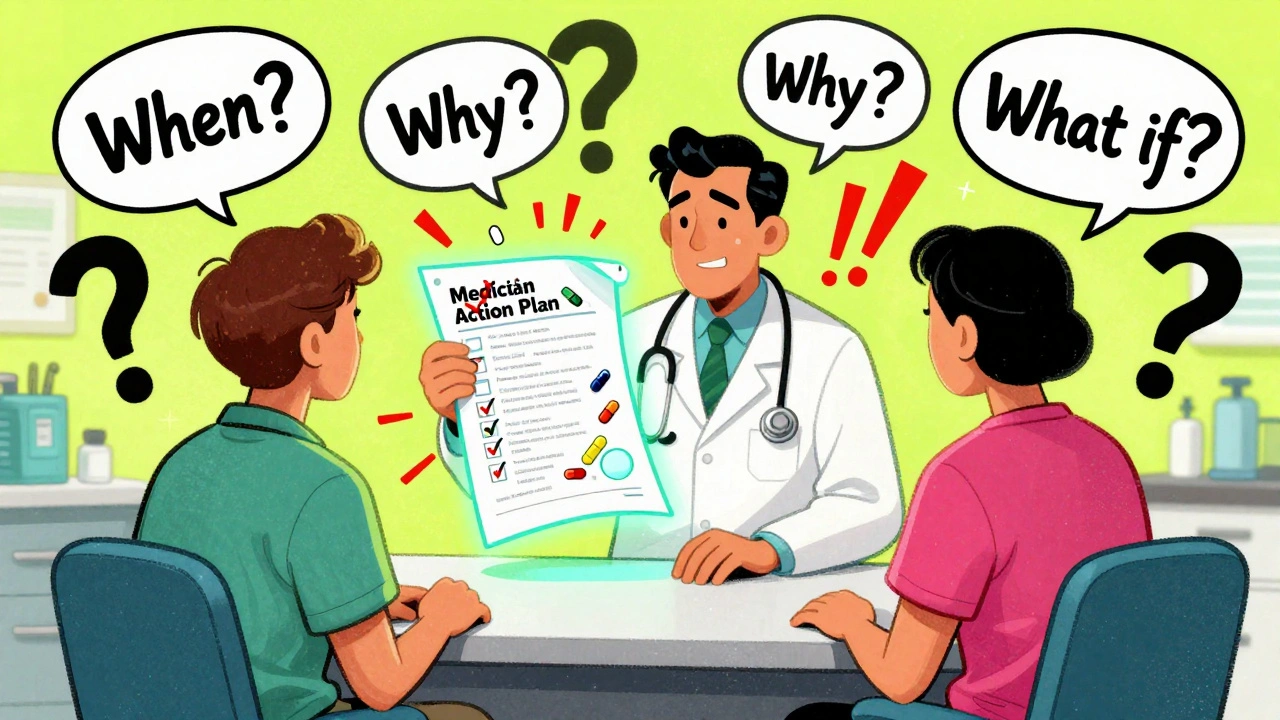 Doctor and patient reviewing a detailed medication action plan together at a clinic table