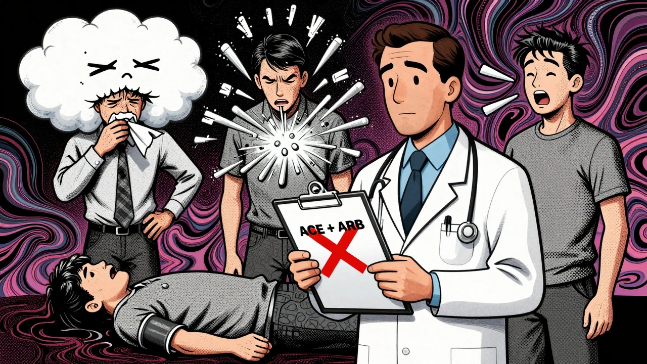 Doctor rejecting combined ACE and ARB pills as patients suffer exaggerated side effects in psychedelic style.