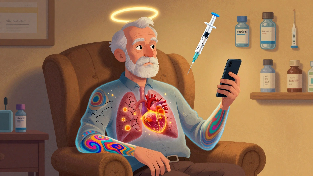 Elderly man with transparent lungs under viral attack, protected by a glowing syringe