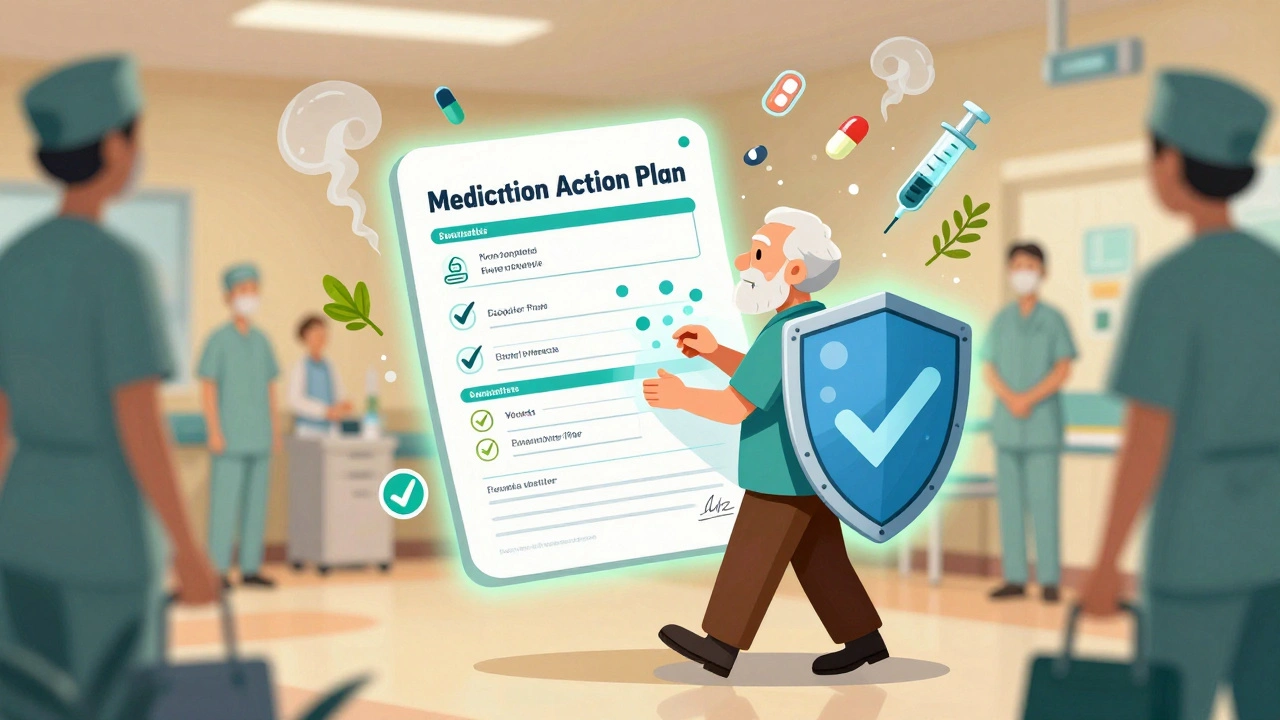 Elderly person walking through ER with a glowing wallet-sized medication plan as a safety shield