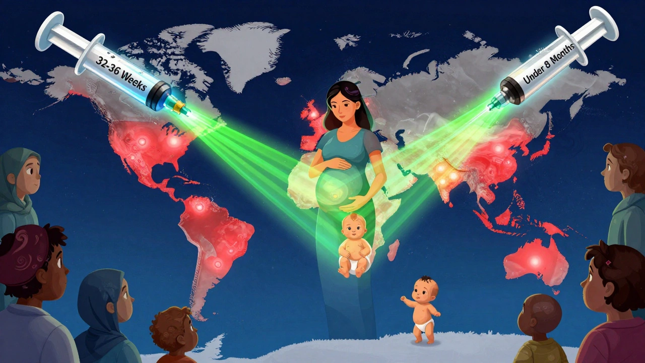 Global map with RSV hotspots and protective antibody beams from pregnant woman