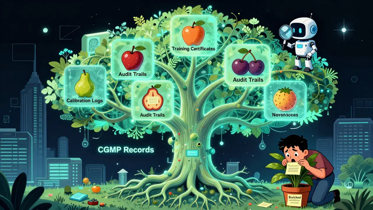 Glowing digital quality system tree with audit trails and a hidden backdated note.