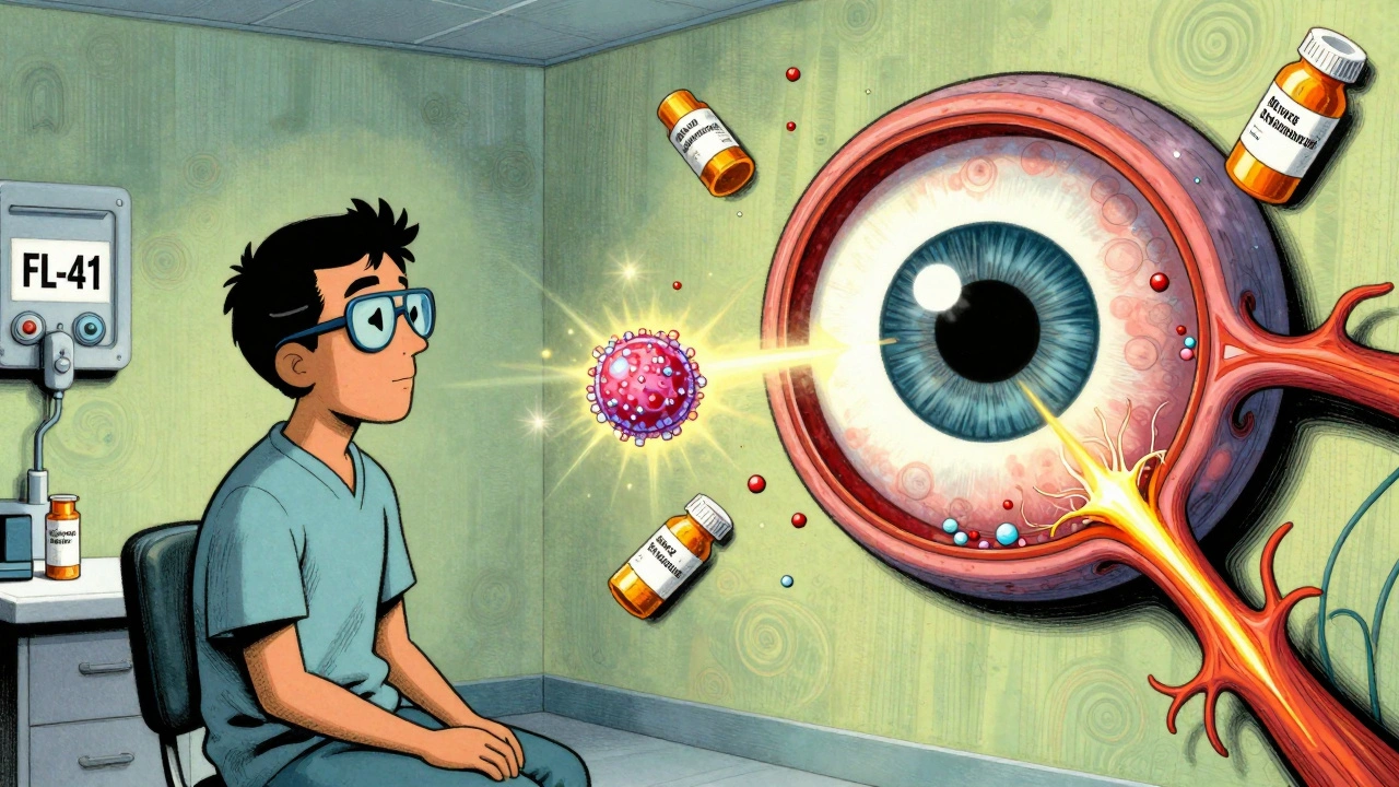 Medical eye exam with giant eye showing drug damage inside, surrounded by floating prescription bottles.