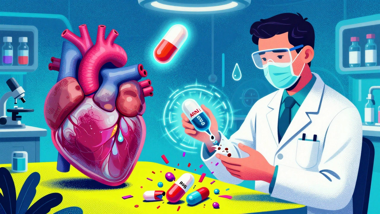 Medical lab replacing dangerous drug combo with safer alternatives like Entresto and SGLT2 inhibitors in vibrant psychedelic art.