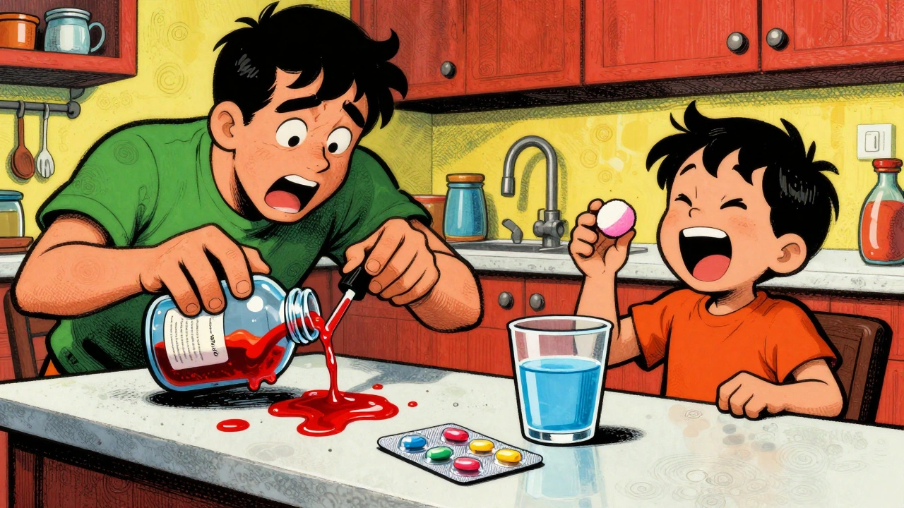 Parent struggling with spilled liquid medicine vs. child calmly holding a tablet