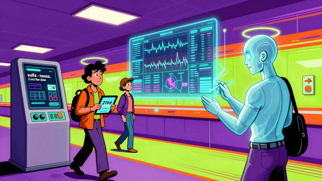 Patient updating allergy record at a digital kiosk while AI scans data in a futuristic hospital with pulsing holograms.