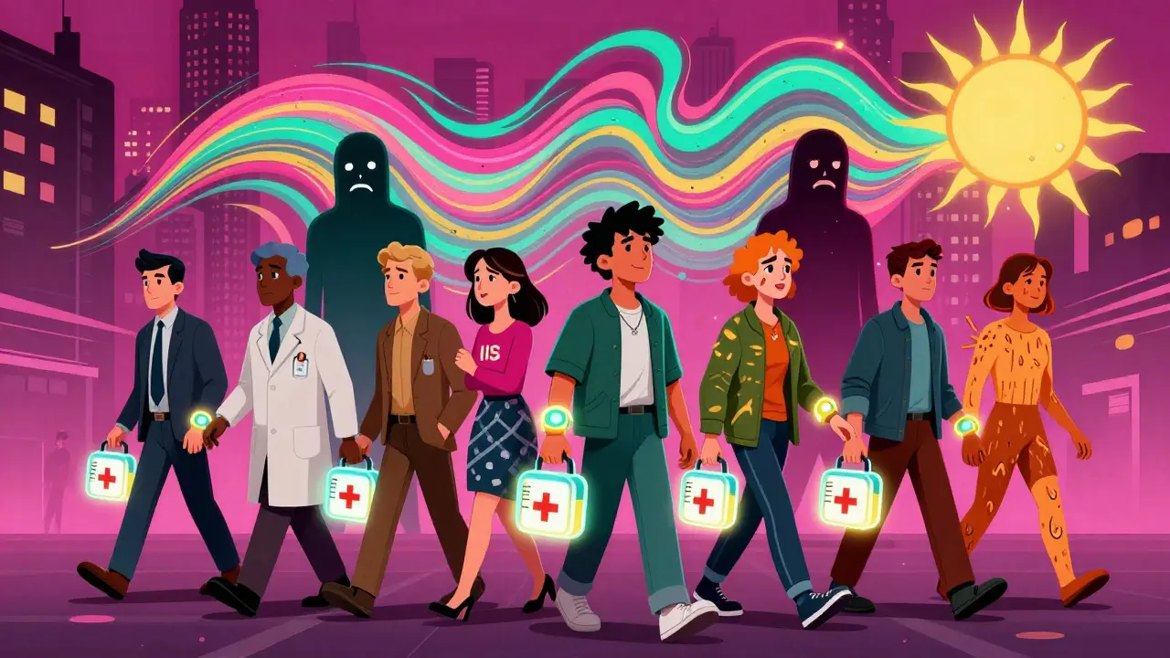 People walking with emergency kits and ID bracelets, shadows of misdiagnoses fading into vibrant light.