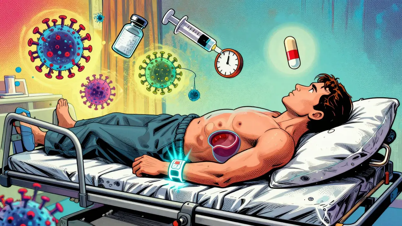 Person on hospital gurney with medical bracelet glowing, floating icons of illness and life-saving pill.