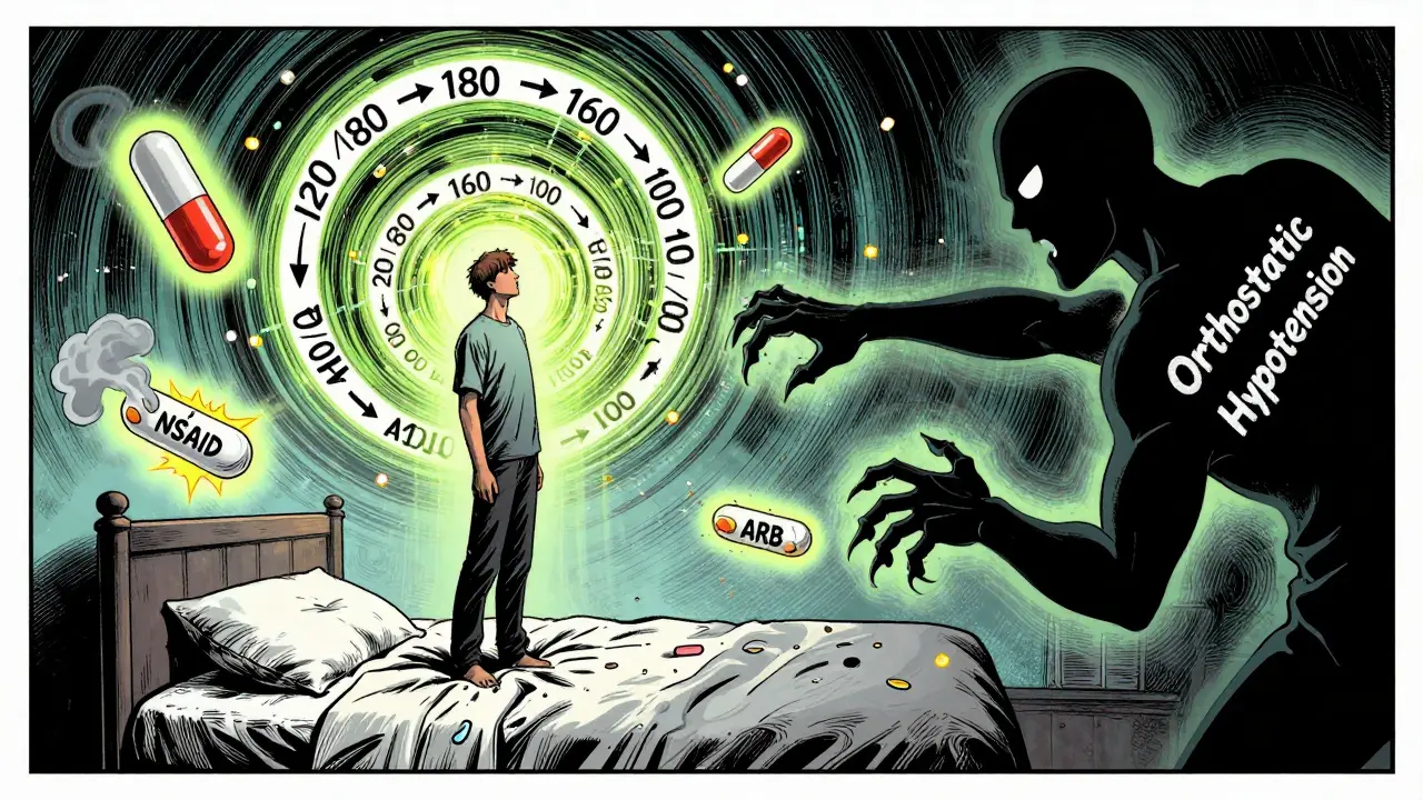 Person standing up with dizzying blood pressure numbers and dangerous pills exploding, surrounded by safe alternatives.