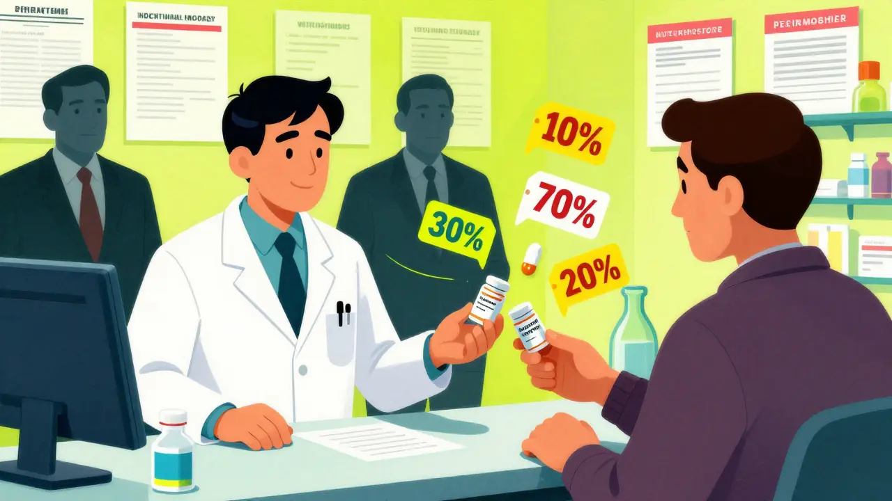 Pharmacist handing two identical pills to a patient, one with hidden brand logo, price tags hovering at 70% instead of 20%.