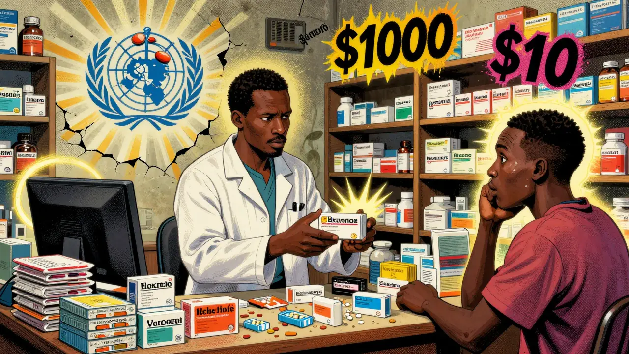Pharmacy scene with branded and generic pills side by side, glowing generics surrounded by smiling patients in psychedelic style.