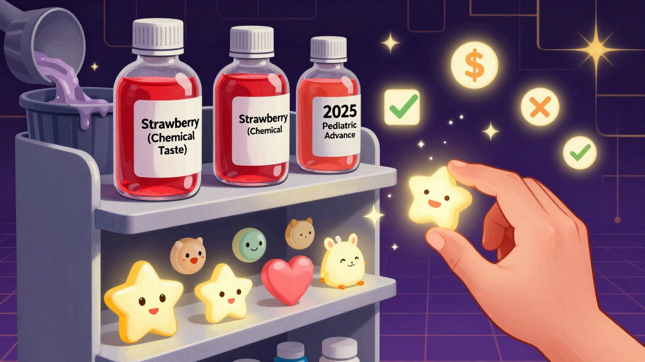 Pharmacy shelf with wasteful liquid bottles vs. glowing pediatric tablets