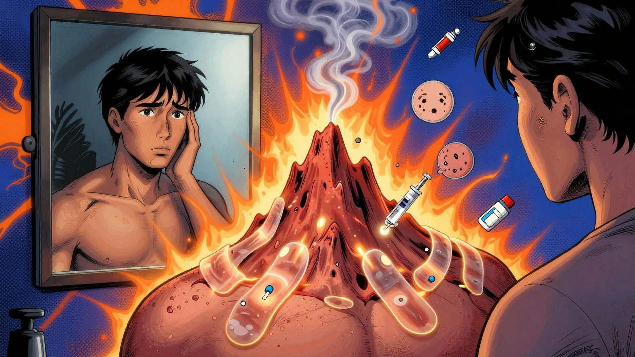 Raised keloid scar being treated with silicone sheets and injections, shrinking in a mirror reflection.