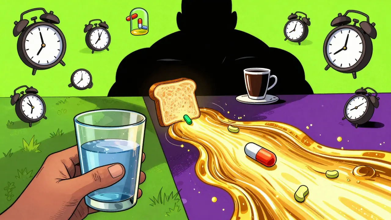 Someone taking thyroid medication at dawn, with coffee and toast blocking its absorption.