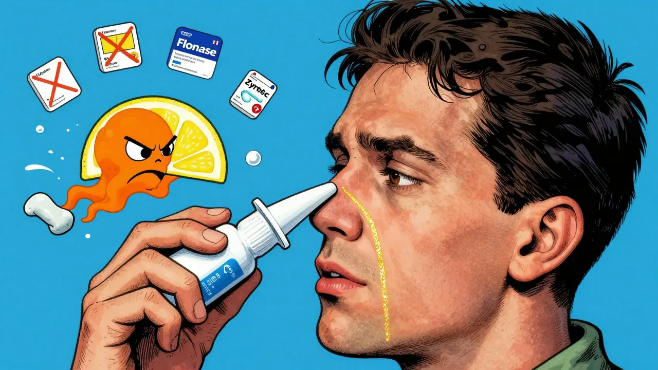 Someone using a nasal spray correctly, aiming away from the septum, with bitter taste chased away by lemon and gum, saline droplets floating nearby.