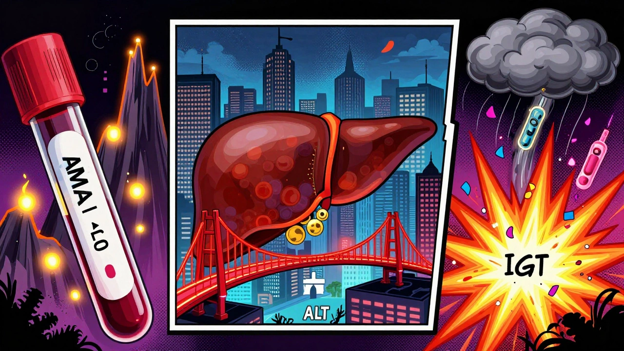 Split-diagnostic scene showing blood markers and biopsy features as glowing, vibrating cityscapes in psychedelic style.