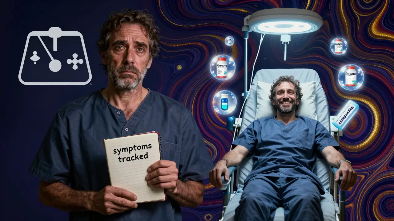 Split scene: a suffering patient on one side, same person receiving dialysis with hope on the other.