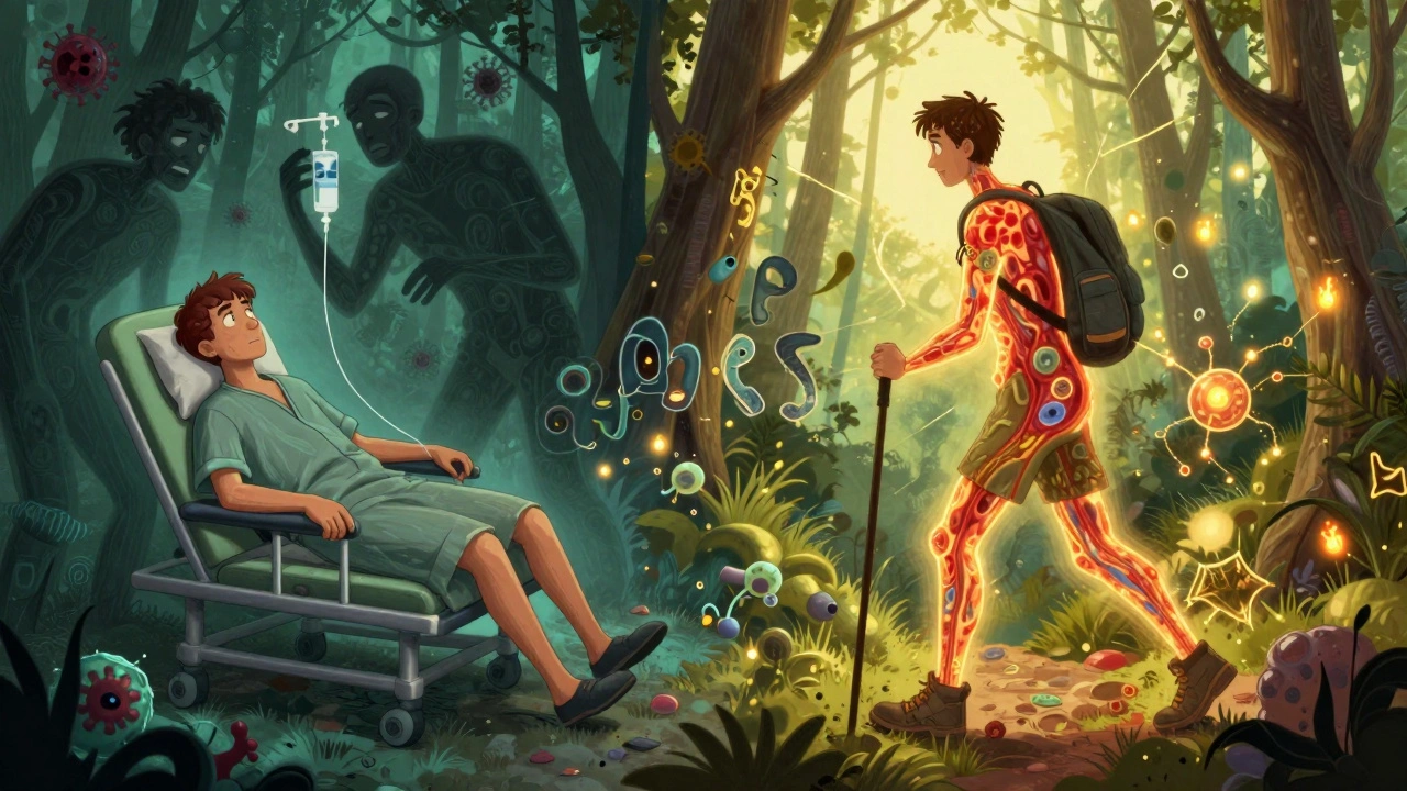 Split scene: a tired patient on an IV vs. the same person hiking happily, with glowing healing molecules.