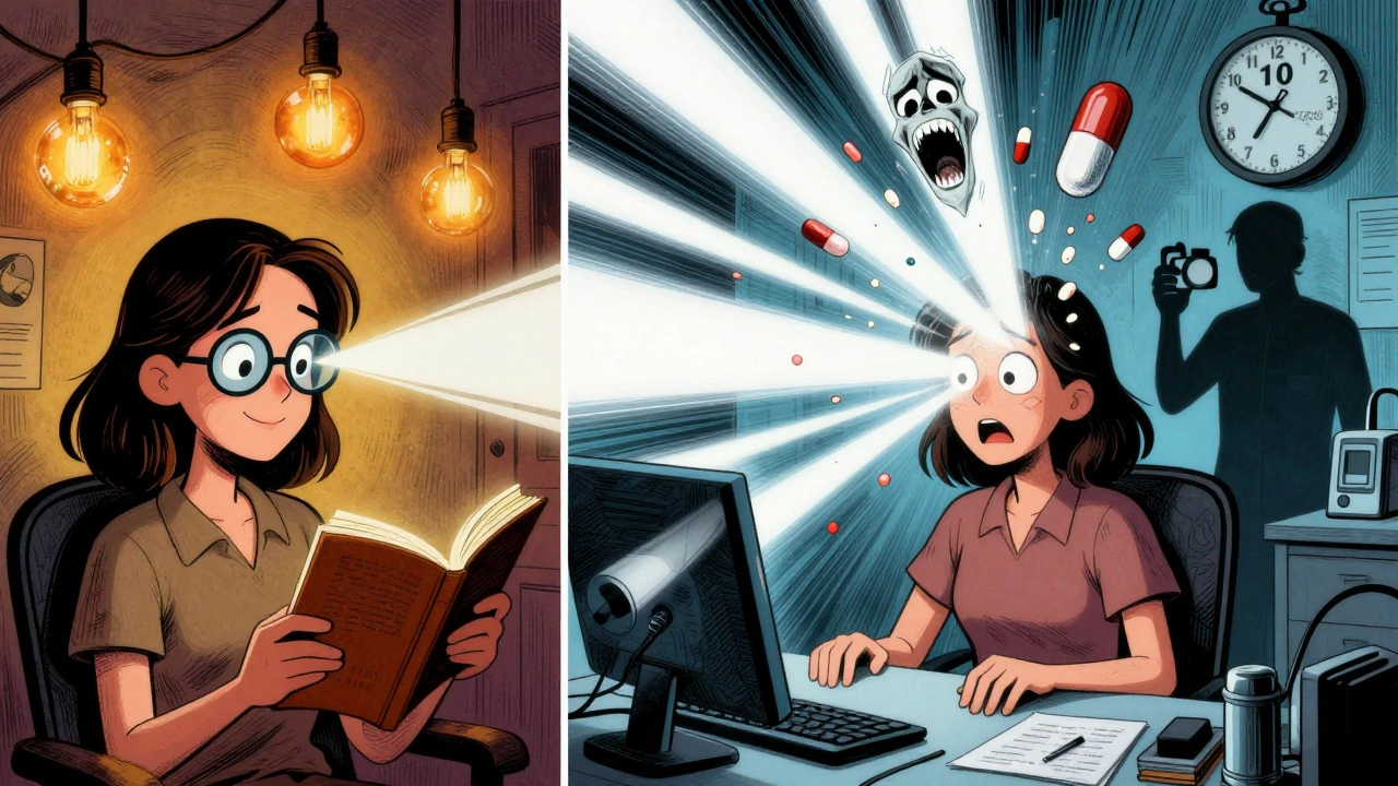 Split scene: calm woman with tinted glasses in warm light vs. same woman overwhelmed by blinding fluorescent light and pill faces.