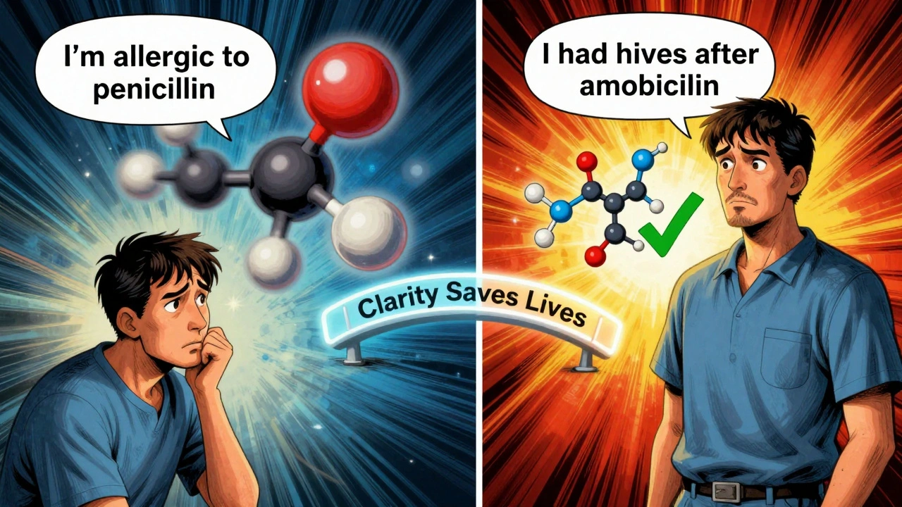 Split scene contrasting vague and precise allergy documentation with vibrant molecular visuals and warning symbols.