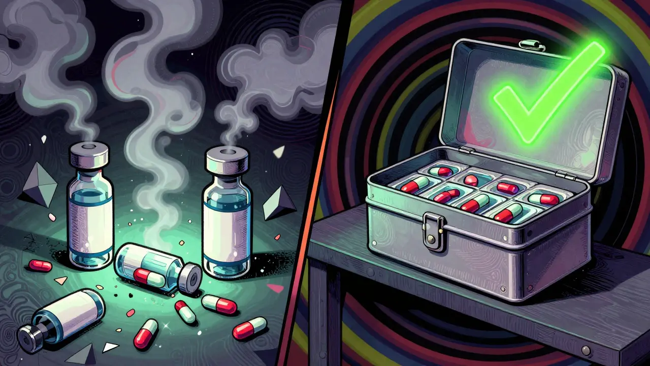 Split scene: degraded meds turning to smoke vs. safe storage in a locked box, with glowing checkmark and op-art patterns.