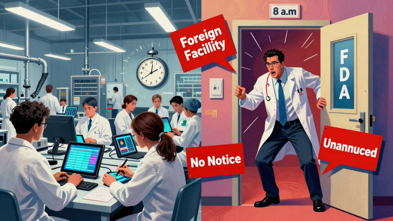 Split scene of workers logging records and an unannounced FDA inspector entering a facility.