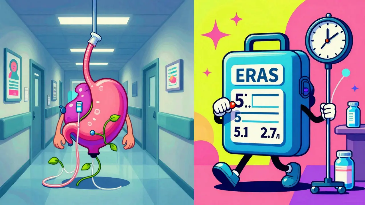 Split scene: one side shows bloating and outdated tubes, the other shows active recovery with walking, gum, and IV meds.