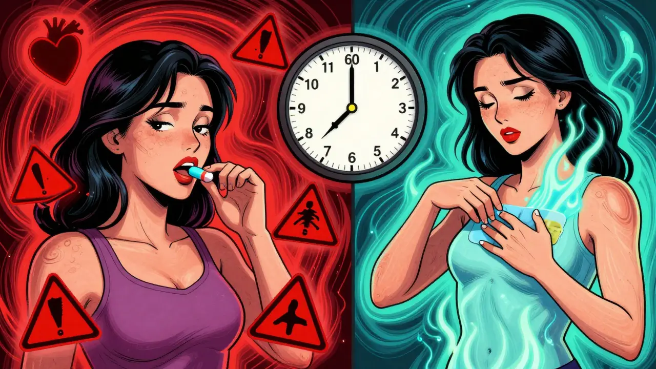 Split scene: pill with warning symbols vs. patch with calming energy flow.