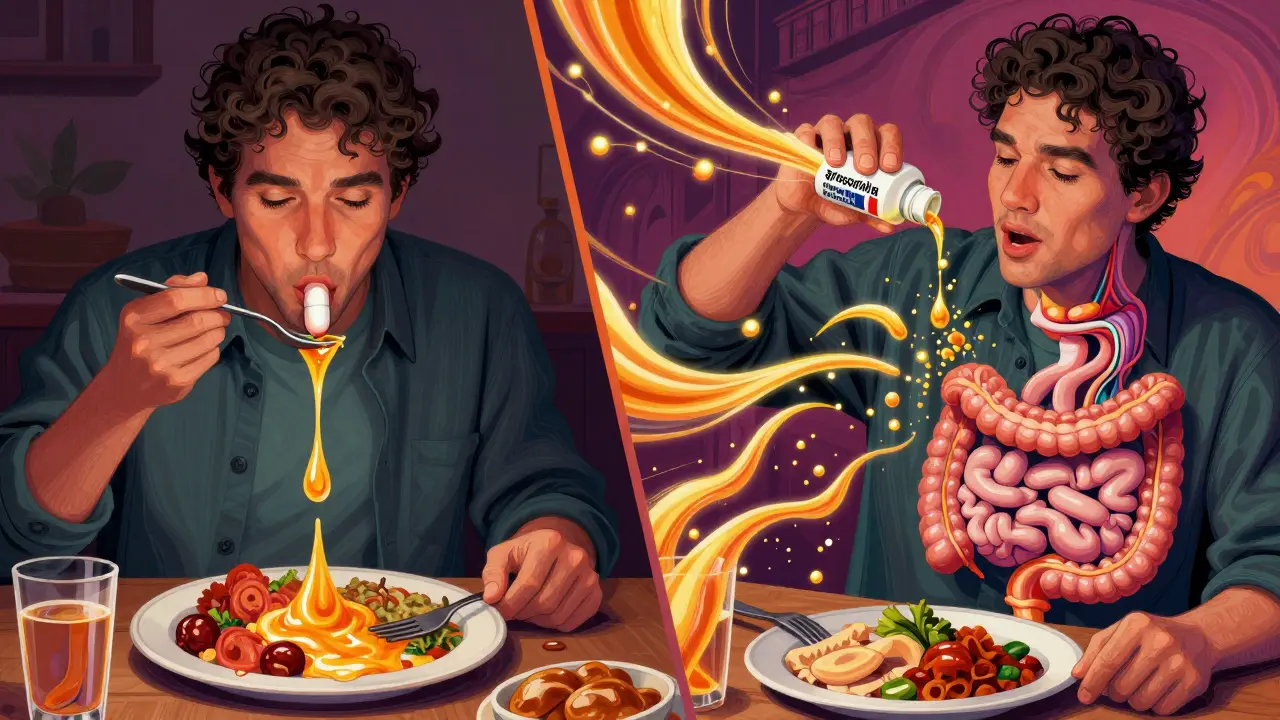 Split scene showing fat slowing one pill’s absorption while helping another dissolve into golden particles.