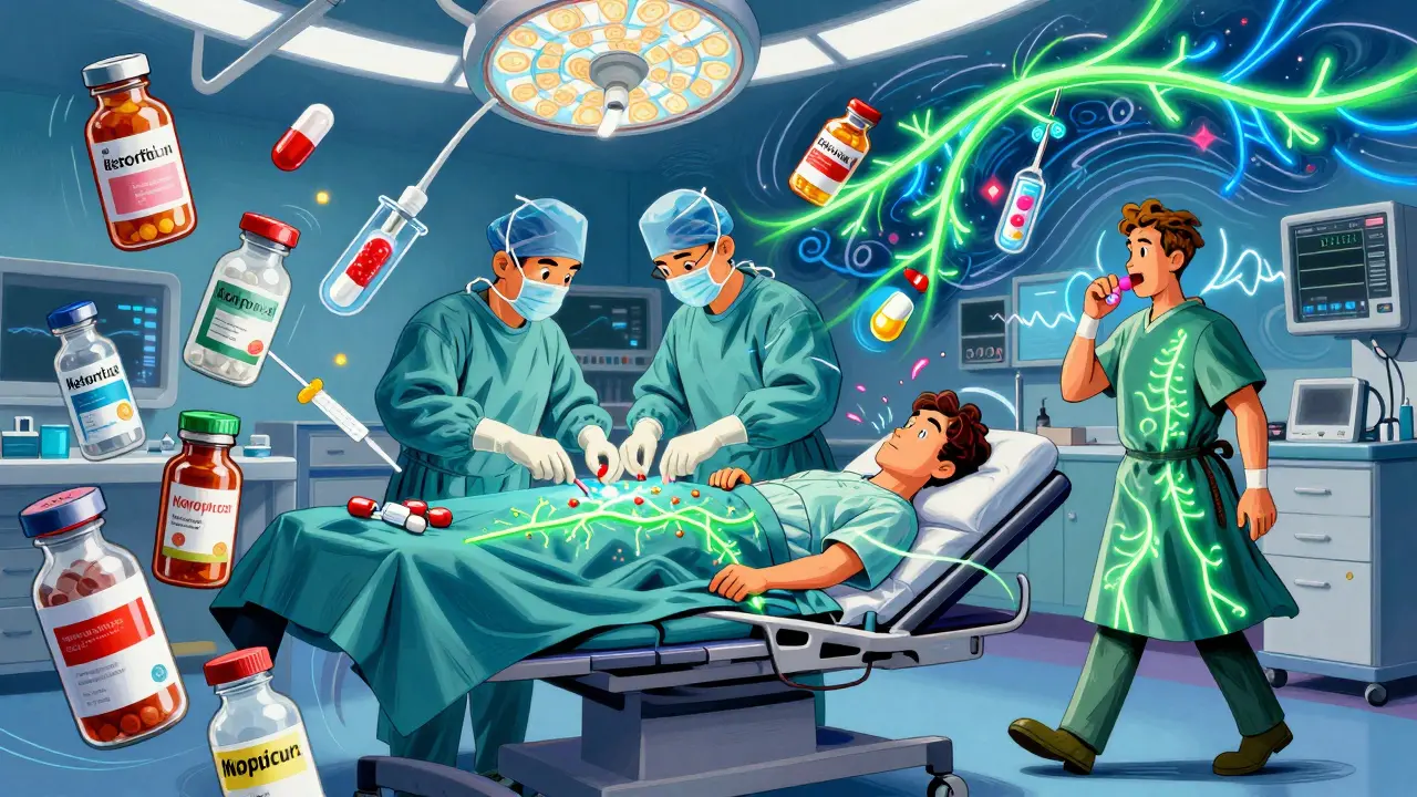 Surgeons replacing opioids with non-opioid pain treatments while a patient walks and chews gum, stimulating gut motility.