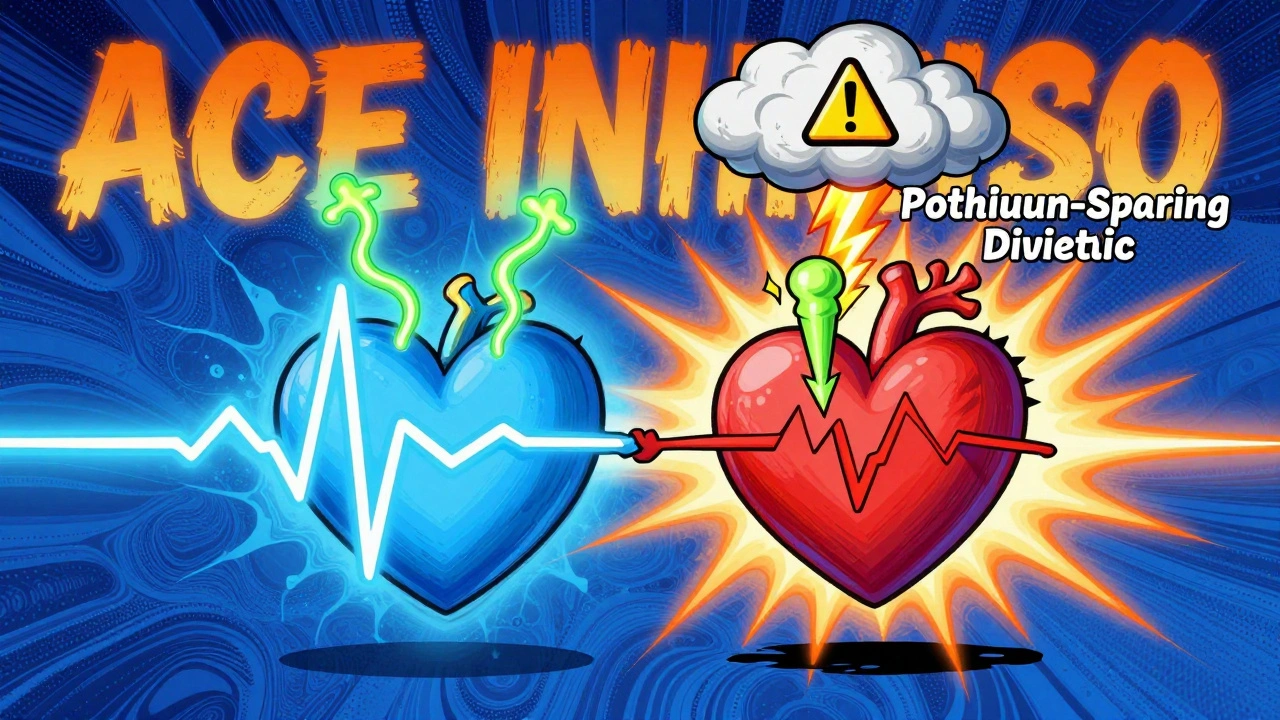 Two heartbeats pulled apart by potassium-raising drugs in vibrant neon tones.