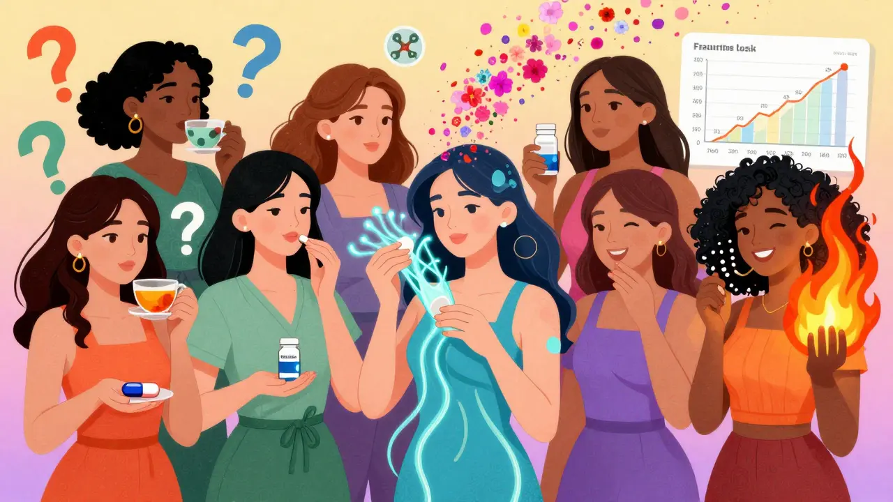 Women using non-hormonal menopause treatments with glowing particles and fading risk graphs.