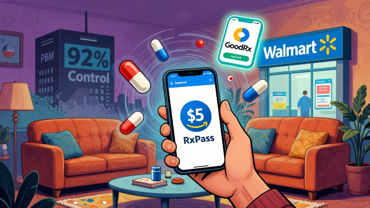 A consumer with Amazon RxPass and floating generic pills, surrounded by cash price alternatives in vibrant retro style.
