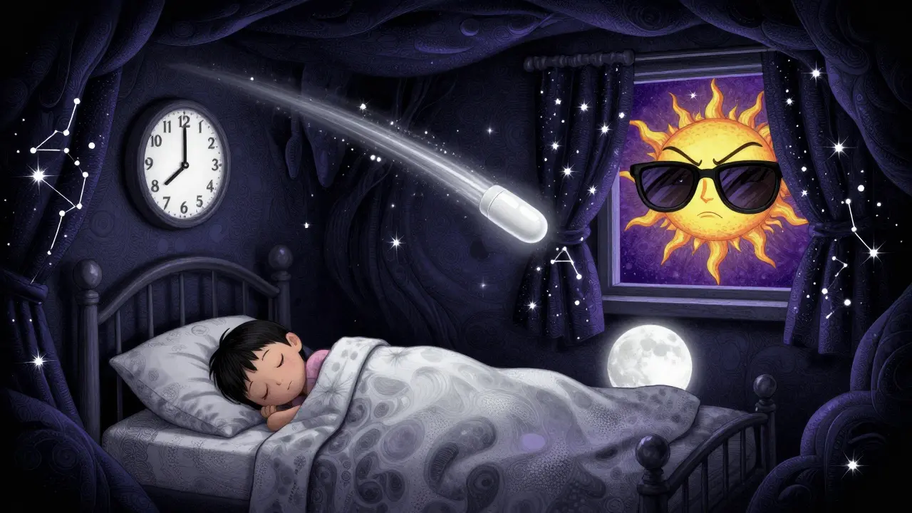 A dark bedroom with a glowing melatonin comet and blocked sunlight, representing safe sleep habits.