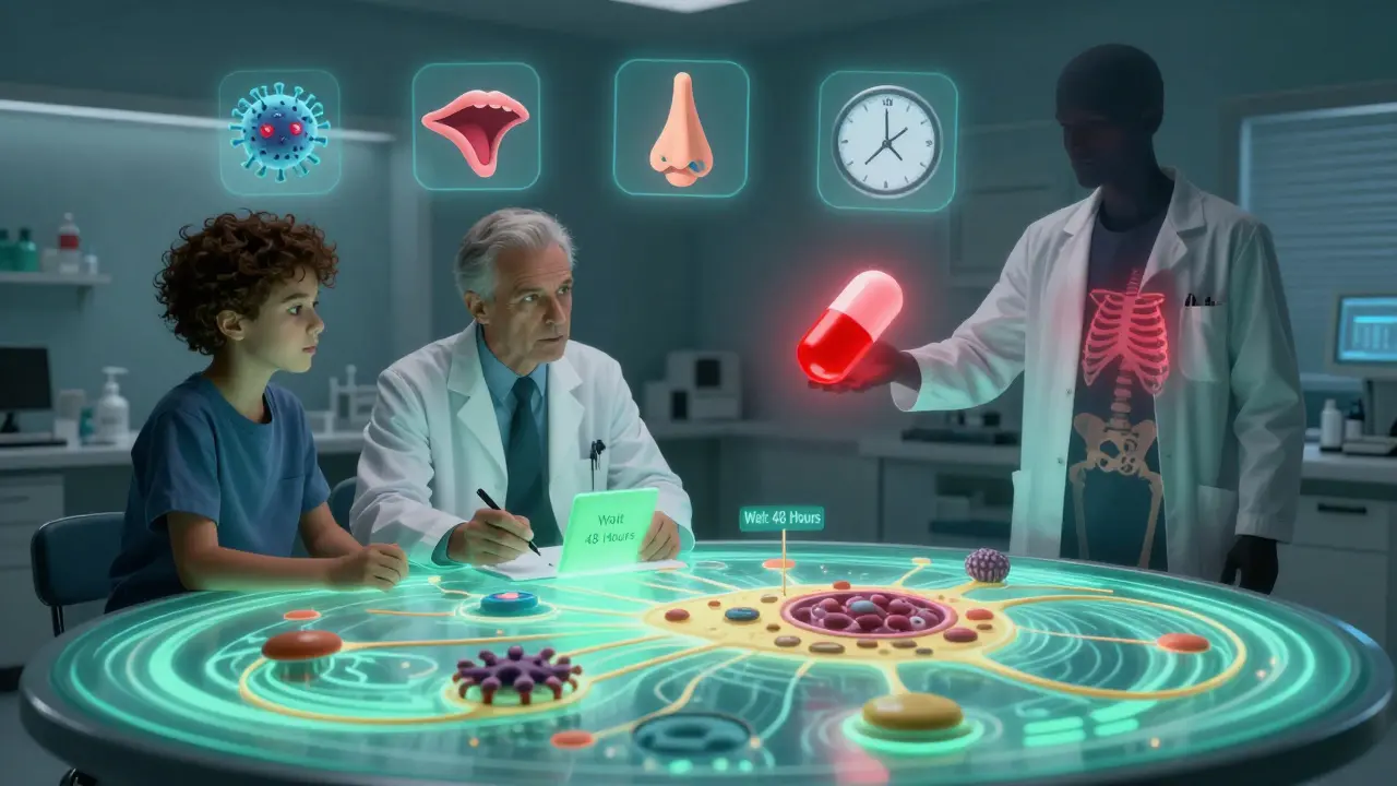 A doctor and patient at a microbiome-shaped table, choosing to wait instead of taking an antibiotic.