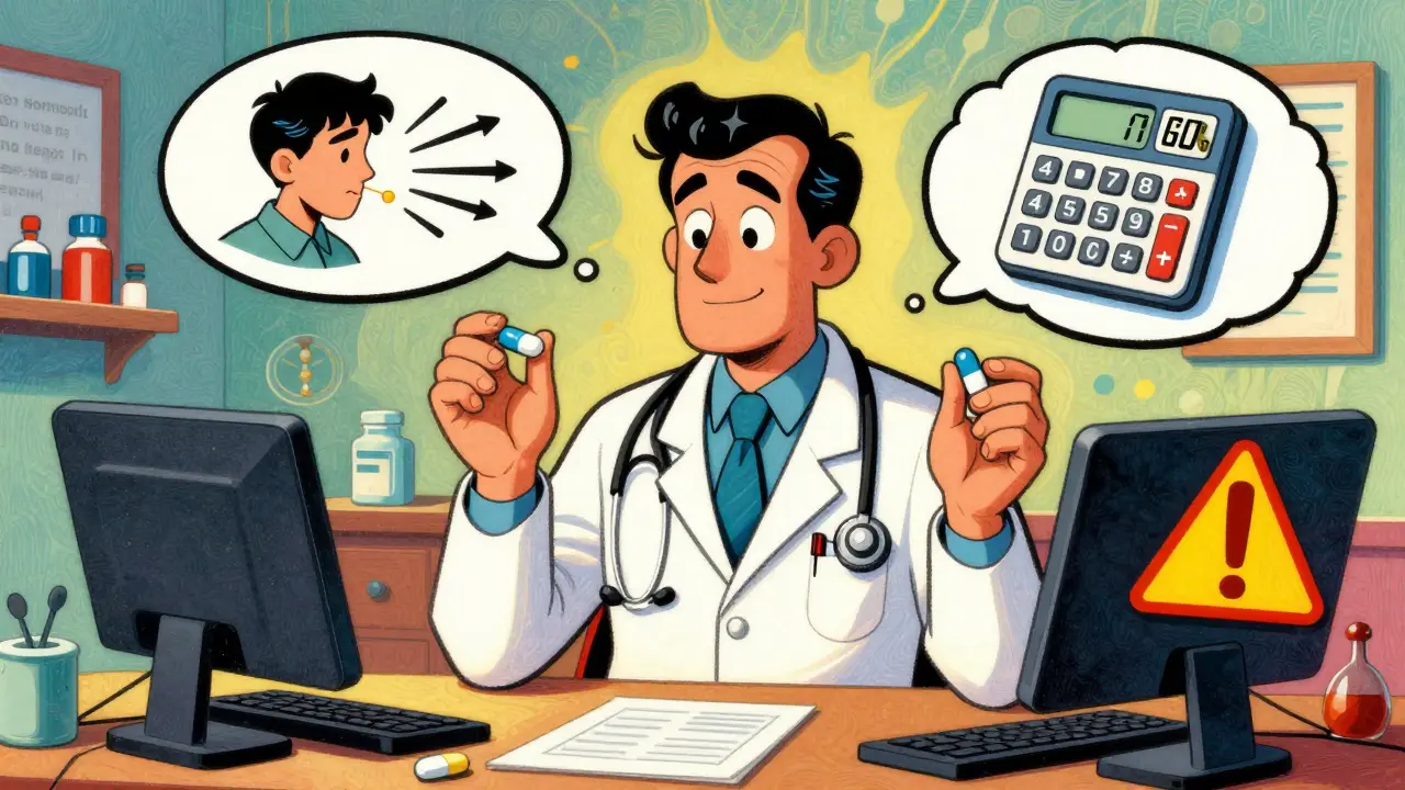 A doctor holding two separate pills and one combo pill, with thought bubbles showing cost, memory, and risk.