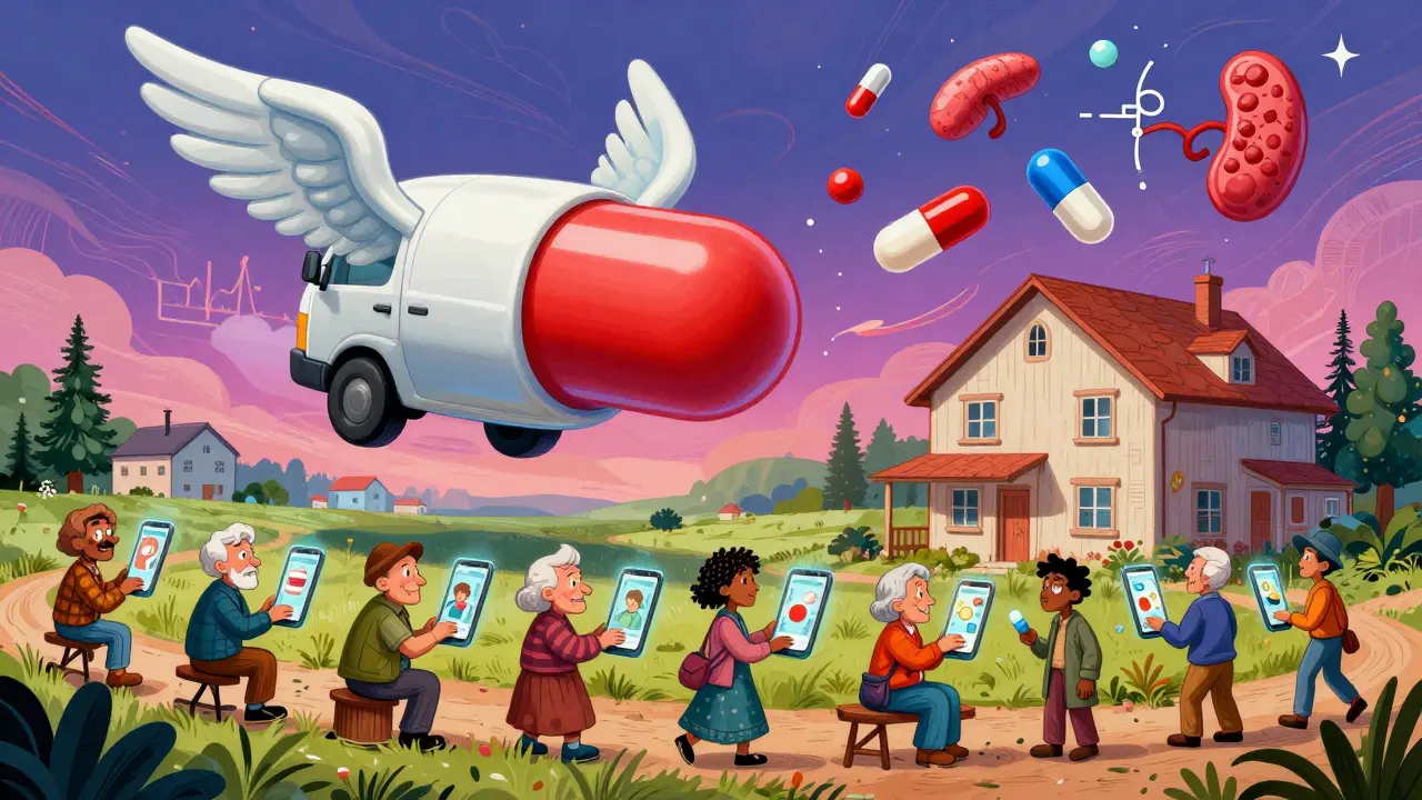 A flying pill-shaped van delivers meds to rural patients, with abstract health symbols floating in a vibrant psychedelic sky.