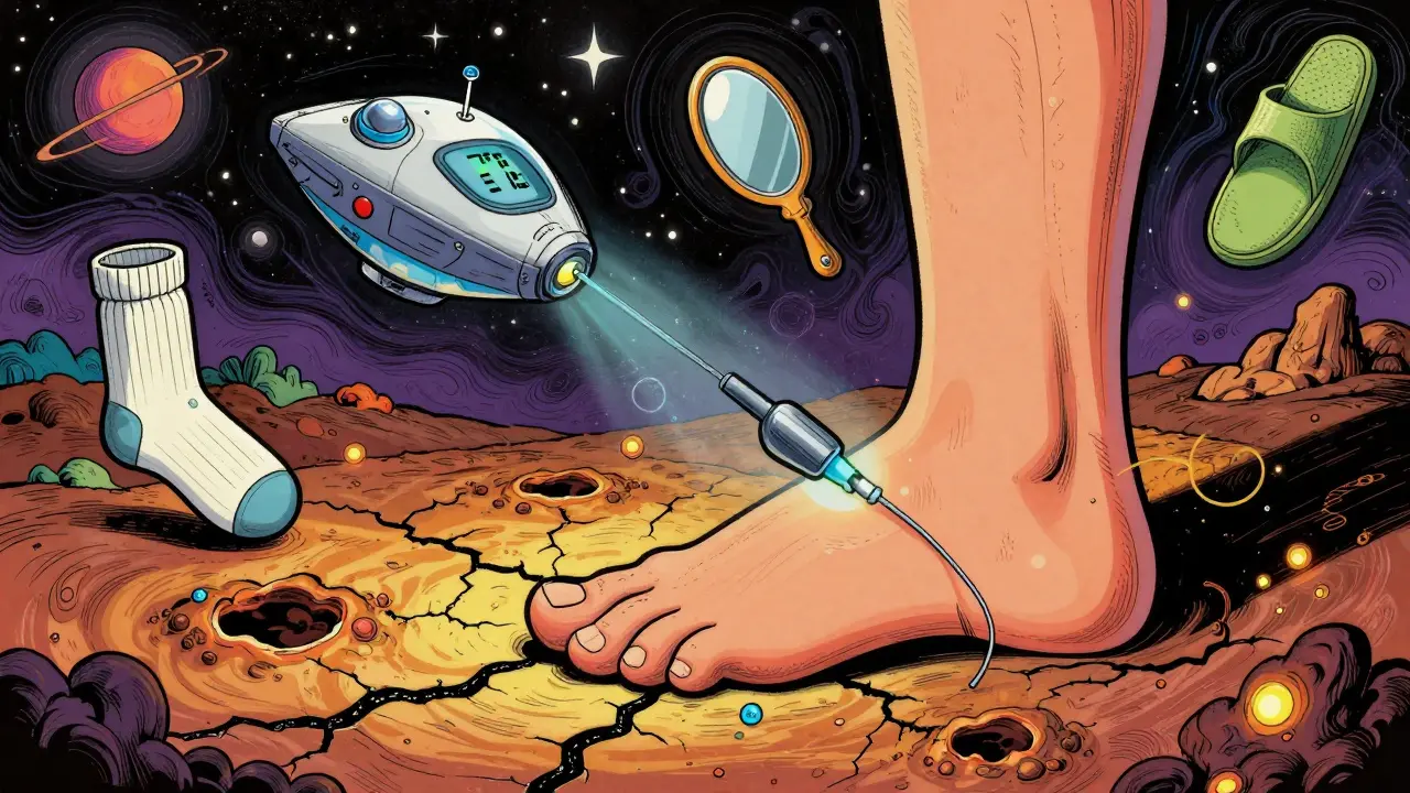 A foot depicted as a dangerous landscape under medical inspection, with care items orbiting like cosmic objects.