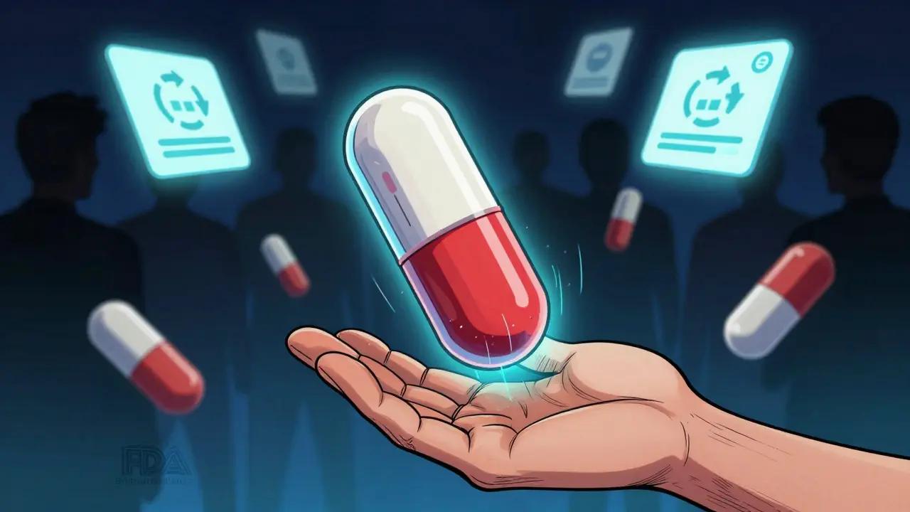 A futuristic adjustable pill floats above a hand, while separate pills fade away, with digital health icons glowing nearby.