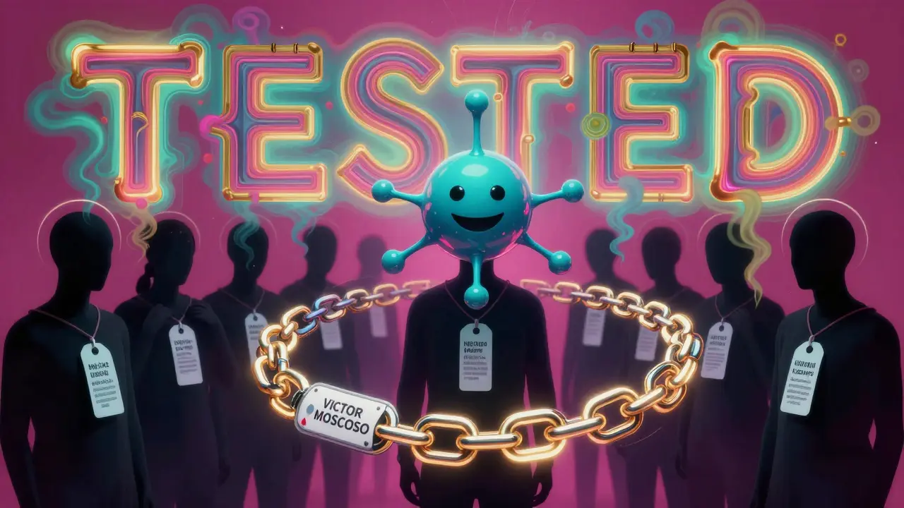 A medical bracelet transforming into a chain connected to a glowing penicillin molecule, with people removing allergy labels.