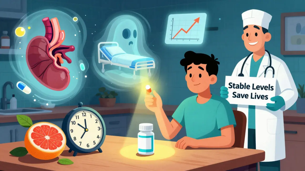 A patient at a table with a grapefruit and pill bottle, surrounded by ghostly images of rejection and stability.