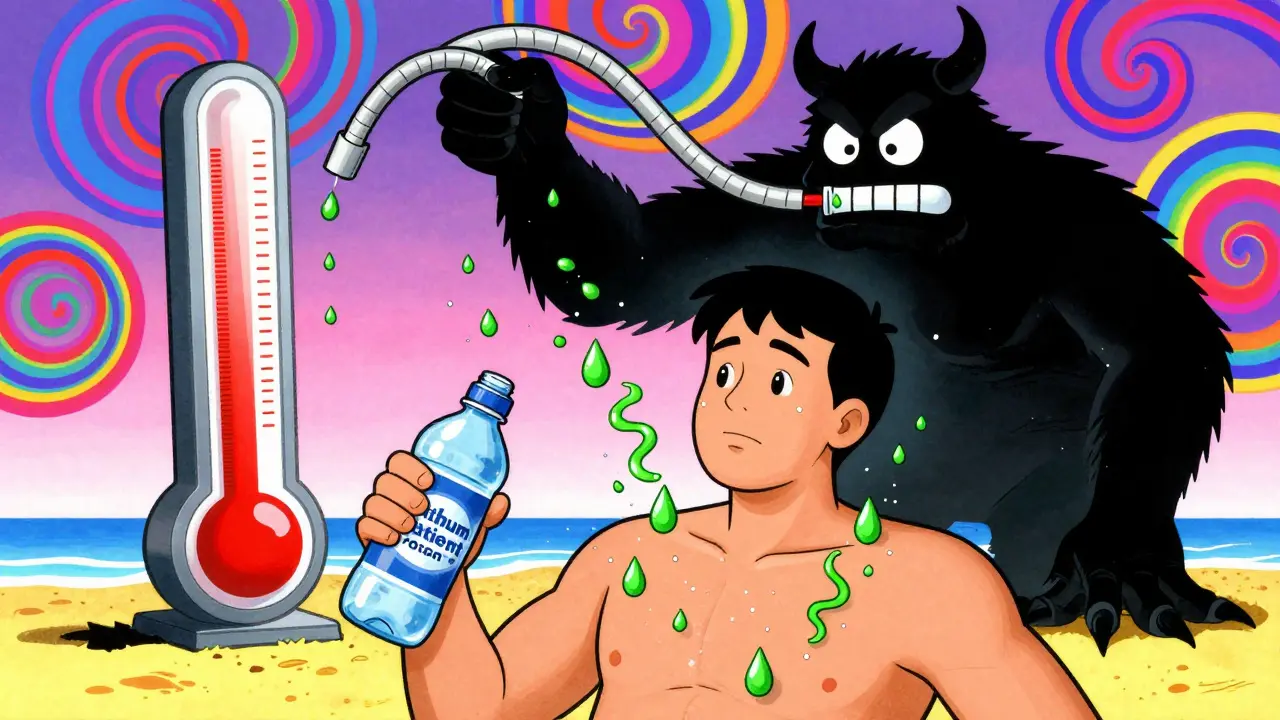 A person on a beach with diuretic pills rising from sweat, shadowy monster pulling lithium into a danger meter.