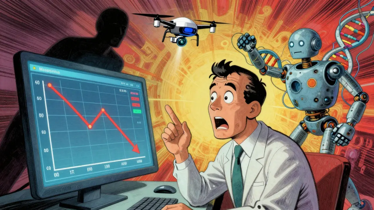 A pharma executive faces a collapsing revenue graph while authorized generics and biosimilars launch from behind.