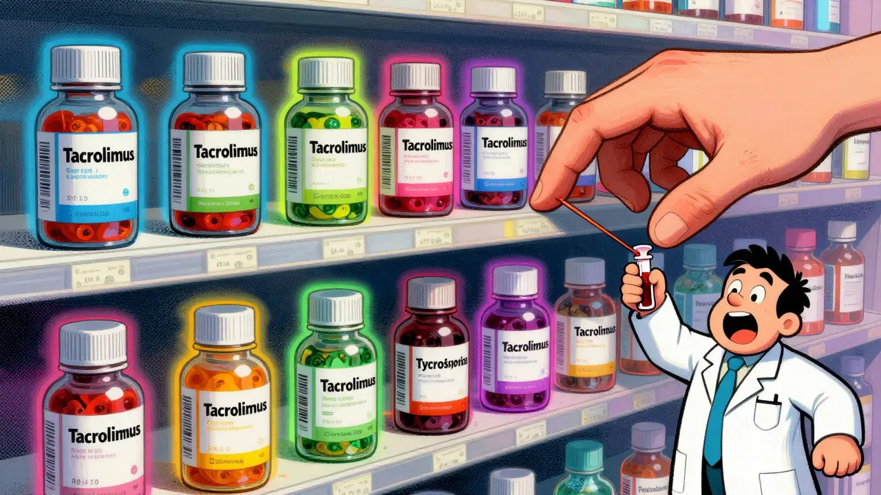 A pharmacy shelf with many differently colored generic immunosuppressant bottles, glowing with varying absorption rates.