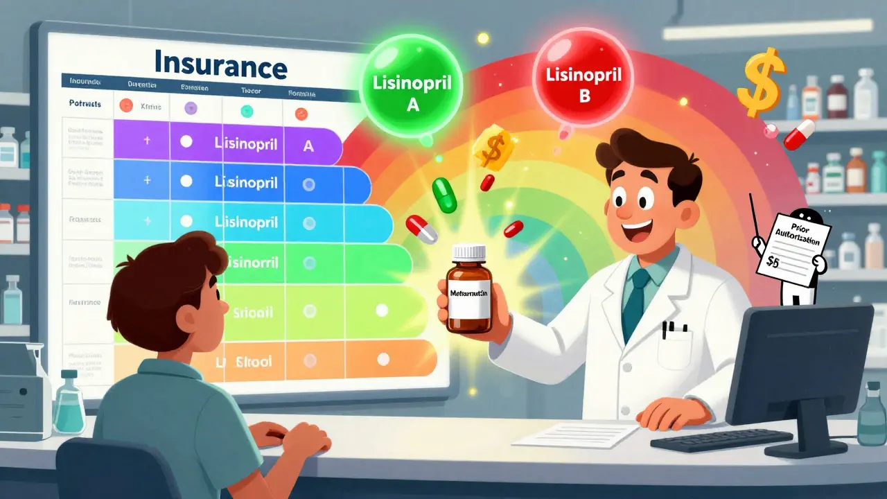 A surreal pharmacy counter with exploding formulary tiers and colored generic pills labeled covered or not covered.